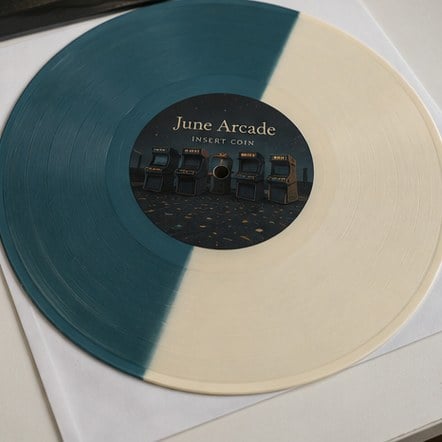 Colored vinyl record pressing out of its sleeve