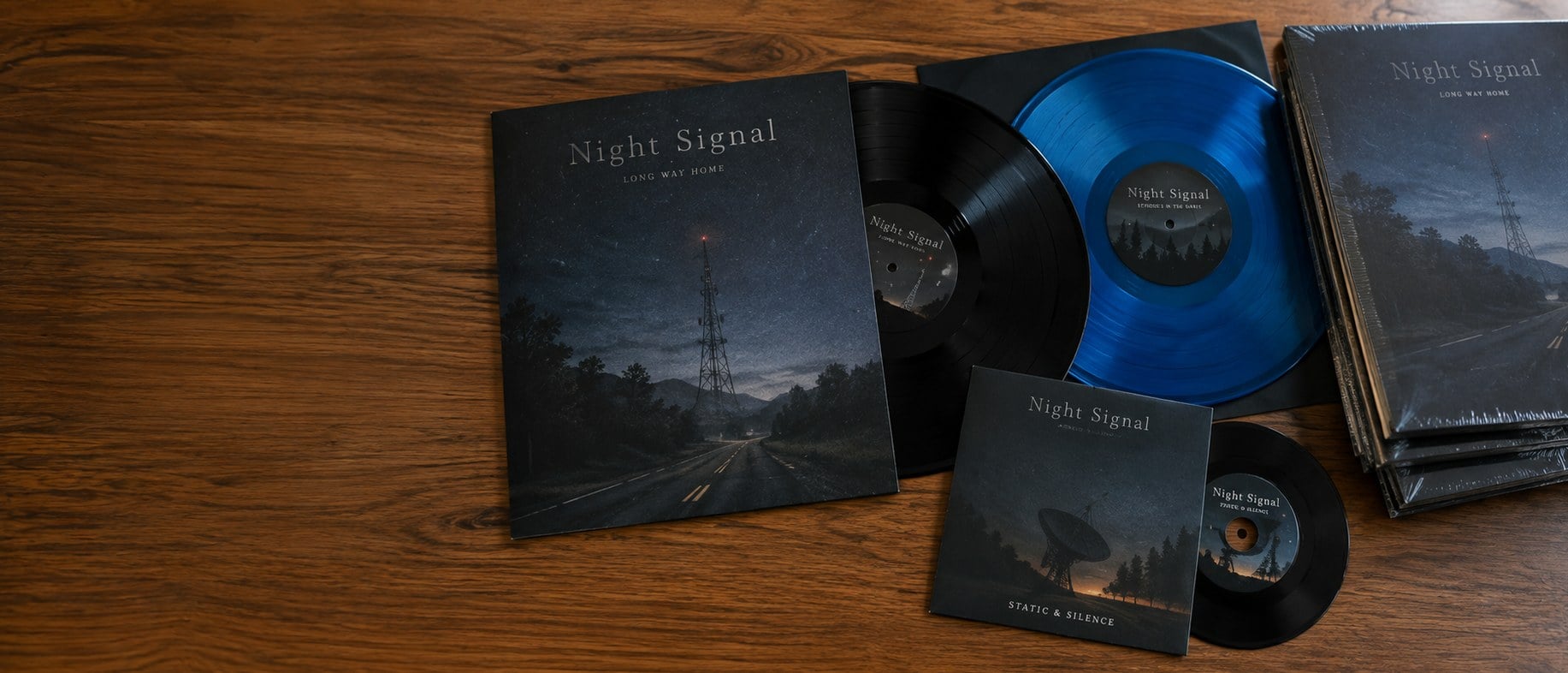 Custom vinyl records with printed labels and jackets laid out on a wooden table